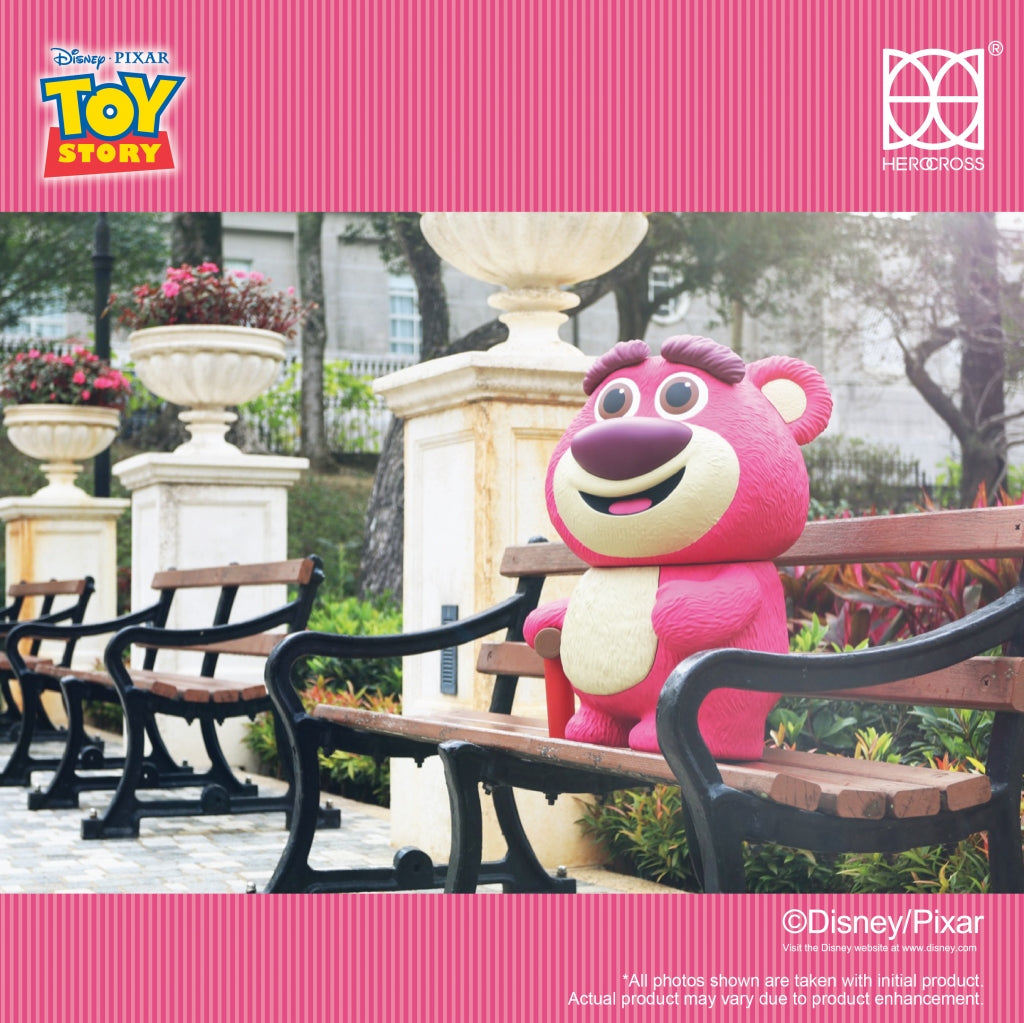 Jumbo Lotso Huggin Bear figure posed on a bench, highlighting the detailed design and expressive features.