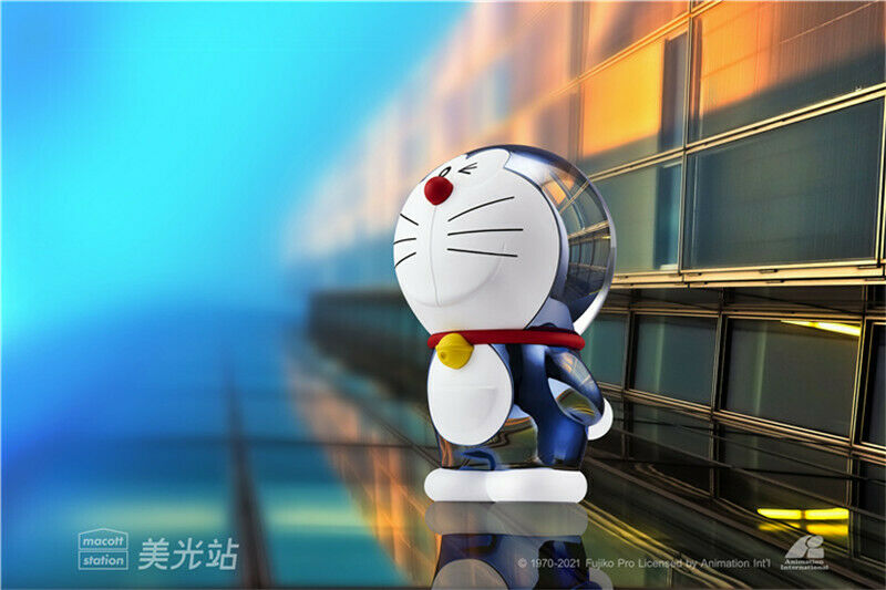 Doraemon Resin Statue by Macott Station, beautifully posed with a modern backdrop.