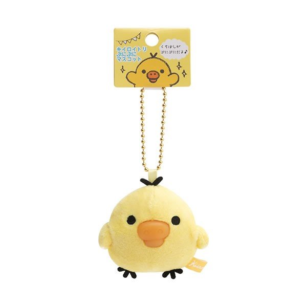 Soft yellow Kiiroitori plush bird mascot keychain with a gold chain, attached to a card featuring a matching character illustration.