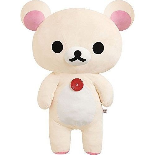 Medium-sized Korilakkuma plushie with a curious expression, small red button on its chest, and soft cream-colored fur, ideal for gifting or collecting.