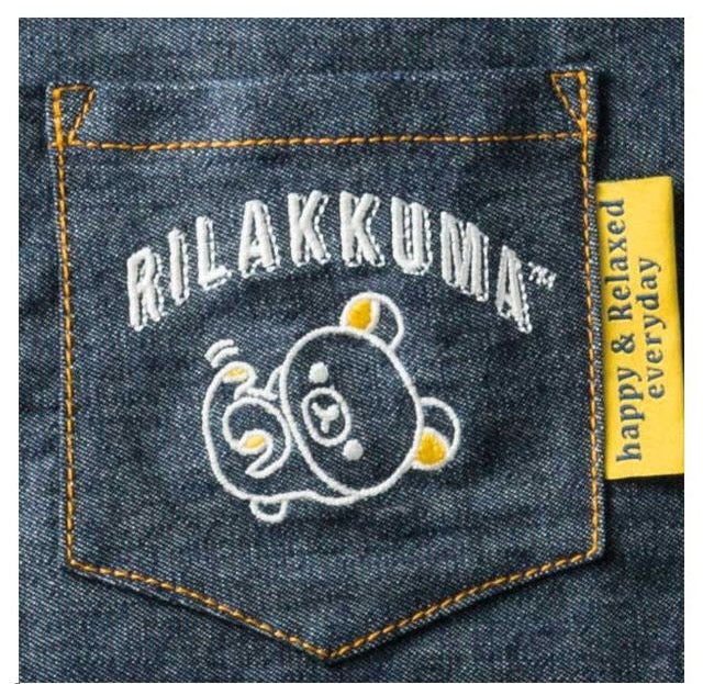 Detailed view of Rilakkuma character embroidery on denim tote pocket, 42 x 33 cm
