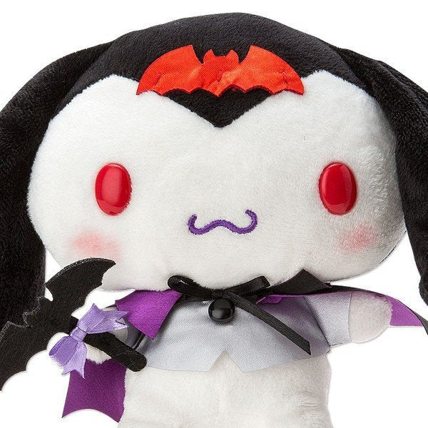 Front view of Sanrio Cinnamoroll Halloween Limited Big Plush, 9.4 inches, with red eyes and vampire cape.