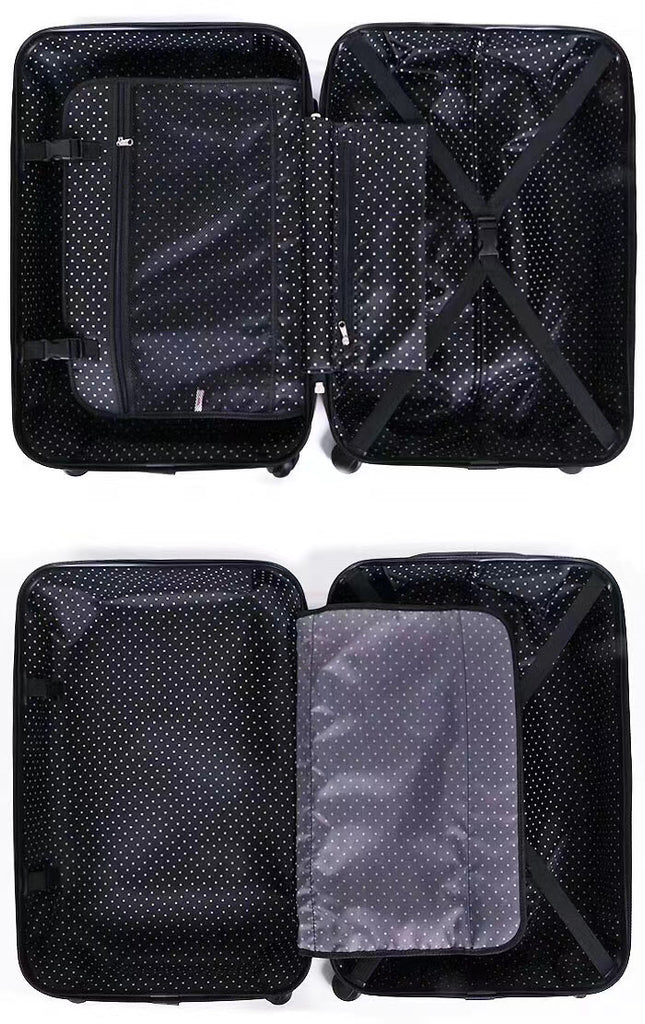 Open interior of Hello Kitty suitcase showing polka dot lining, internal straps, and compartments for organized packing.