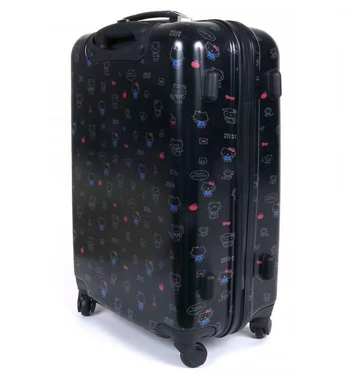 Side view of the Hello Kitty carry-on luggage, displaying the detailed pattern and smooth zippers.