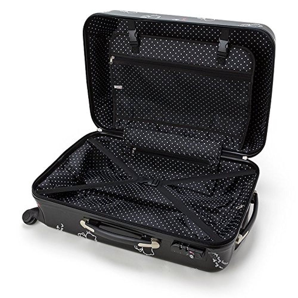 Interior of Hello Kitty luggage with black polka dot lining, showing pockets and adjustable straps.