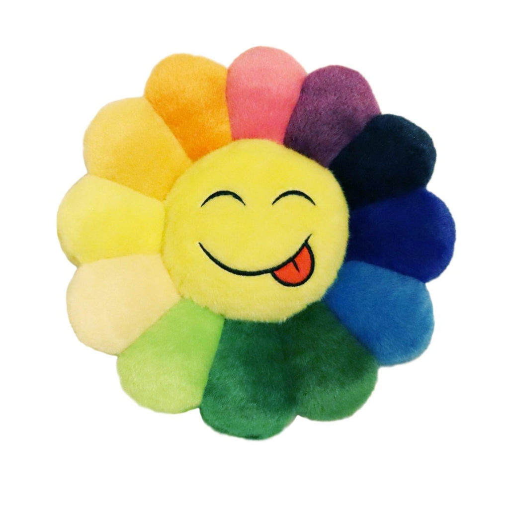 Takashi Murakami Flower Plush 30CM, showcasing a smiling Emoji 1 face and vibrant rainbow colors.