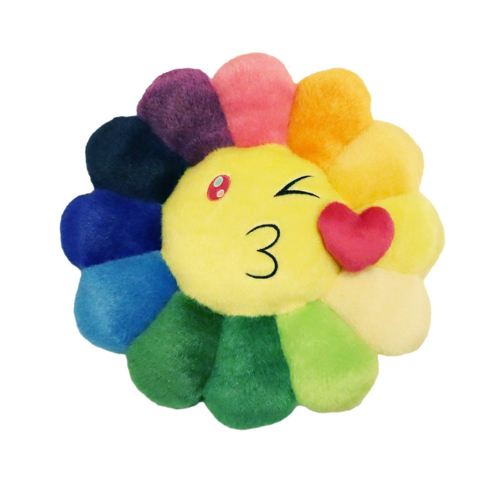 Takashi Murakami Flower Plush 30CM with Emoji 1 kiss wink face, featuring rainbow petals and high-quality plush material.