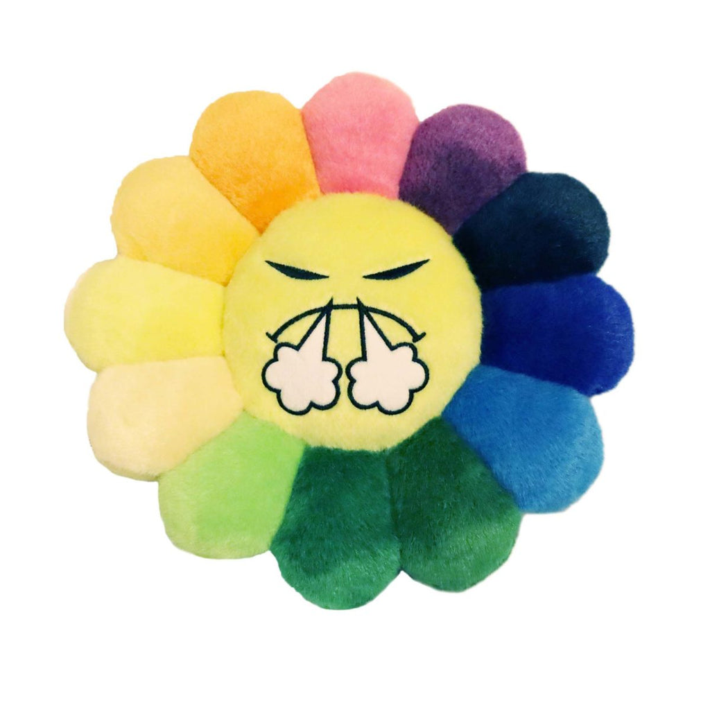 Takashi Murakami Flower Plush 30CM with Emoji 4 angry face, featuring bold, multicolored petals.