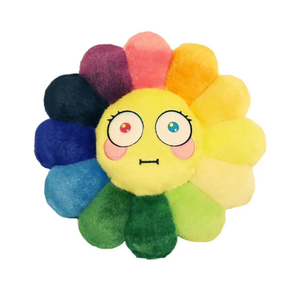 Takashi Murakami Flower Plush 30CM featuring Emoji 4 shocked face, with vibrant rainbow petals and soft plush material.