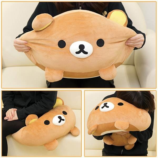Collage of San-X Rilakkuma Mochi Cushion in various poses, highlighting its versatility as a plush toy and comfy pillow